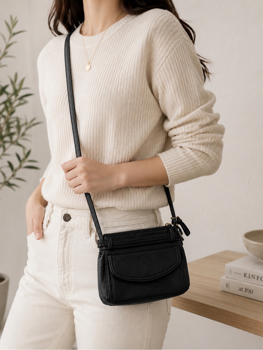 Brighton Black Leather Organizer Crossbody Bag | Braided Trim | Vintage